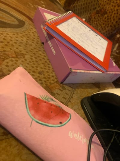 The image depicts a flat lay arrangement of items on a patterned surface, possibly a rug or carpet. In the foreground, a pink pencil case adorned with a watermelon slice graphic is partially visible. To the right of the pencil case, a black object, possibly a computer mouse or part of a charging device, is present. In the background, a pink box with a marbled pink and white pattern supports an open red notebook with spiral binding. The notebook contains handwritten notes in blue ink. The overall scene appears to be indoors, in a domestic setting, and there is no indication of its location in Krushev Dol, Bulgaria. The image does not contain any people or any actions taking place.