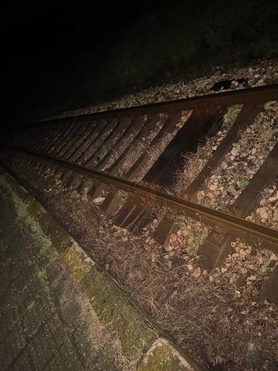 The image depicts a railway track, heavily overgrown with dry vegetation and gravel, spanning a dark, unseen space. The track appears to be elevated, as a concrete structure is visible on the right side, with moss and some greenery growing on it. The scene is poorly illuminated, with darkness dominating the left side of the frame. The location, Umarevtsi, Bulgaria, is implied but not visually evident within the picture itself. There are no people visible in the image.