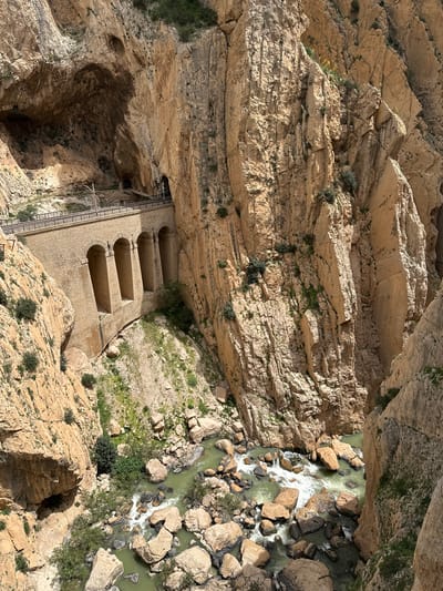This image presents a high-angle, overhead view into a deep and narrow gorge in Ardales, Spain, strongly suggesting the Caminito del Rey. The scene is dominated by massive, layered rock formations, exhibiting a range of light brown and tan hues, with distinct horizontal strata indicative of sedimentary rock. These steep, rugged canyon walls plunge dramatically towards the bottom.

At the base of the gorge, a river flows with greenish-grey water, churning around numerous large boulders and creating stretches of whitewater. Scattered green vegetation, including small bushes and patches of grass, clings resiliently to the rock faces and along the riverbanks, providing a contrast to the otherwise stark geological features.

A significant man-made structure is prominently visible on the left side of the gorge. This concrete construction, integrated directly into the rock face, features a series of four distinct arched openings, likely part of an historical aqueduct or water channel system. Adjacent to this, a narrow metal walkway or track with railings runs along the cliff, suggesting a path for access or maintenance. Further into the rock, a dark tunnel opening is also visible, appearing connected to this structure.

The lighting indicates it is daytime, with strong sunlight casting clear shadows, suggesting either morning or afternoon. The sky appears clear, with no clouds visible. The perspective emphasizes the immense scale of the natural landscape and the impressive engineering work undertaken within such a challenging environment. There are no people visible, nor any discernible text within the image.