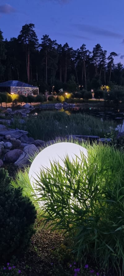 The image depicts a serene evening scene in Shulgino, Russia, likely at dusk or twilight given the soft, diffused lighting. The foreground is dominated by a large, spherical outdoor lamp, emanating a soft white glow that illuminates the surrounding tall, reedy grass. The lamp is partially obscured by the lush greenery, creating a natural and somewhat magical effect.

Beyond the lamp, the scene transitions to a tranquil body of water, likely a pond or small lake. The water's surface is calm, reflecting the lights from the opposite bank and the silhouettes of trees. Scattered rocks are visible along the edge of the water, adding to the natural landscape.

The background features a dense forest of tall pine trees, their dark silhouettes stark against the darkening blue sky. Several lampposts are visible along a pathway or structure on the far side of the water, casting warm yellow light and creating reflections on the water's surface. These lights suggest a well-maintained park or resort area.

The overall mood is peaceful and tranquil, evoking a sense of calm and natural beauty. The combination of the glowing orb, the reflective water, and the dusky sky creates an atmospheric and inviting setting. There is no visible text in the image.