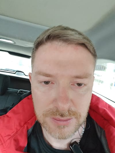 An adult male with light brown hair and a ginger-colored full beard and mustache is depicted in a close-up, chest-up view. He has brown eyes and a fair complexion. A small reddish mark is visible on his forehead. He is wearing a red padded jacket or vest over a dark, possibly black, crew-neck shirt. A silver-colored chain is visible around his neck, and a black electronic device, possibly an earbud, hangs near his right collarbone. The scene is located inside a vehicle, indicated by a light grey headliner, a dark-colored car seat with a headrest visible behind him on the left, and blurred exterior views through the rear and right side windows. The individual is looking directly towards the camera. The setting is Nesher, Israel.