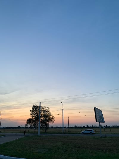 The image depicts an outdoor scene during twilight in Ternovka, Moldova. A vast, clear blue sky dominates the upper portion of the frame, transitioning to a soft orange and pink gradient near the horizon. The horizon is marked by a flat landscape featuring a field of dry grass, sparse trees, and utility poles with overhead wires.
In the foreground, a patch of dark green grass slopes upwards towards the viewer. To the left, a paved walkway curves into the scene. A lone person, silhouetted against the dusky light, walks along the edge of the walkway. In the middle ground, a large, leafy tree with drooping branches stands prominently, with another smaller tree behind it. A light pole is situated near the larger tree. Further to the right, a silver SUV is driving on a road that runs parallel to the field. Adjacent to the road, a large, tilted billboard stands on two concrete supports, its surface partially visible and displaying text and an image. Two smaller light poles are positioned in front of the billboard. The overall impression is one of a quiet, rural evening on the outskirts of a town.