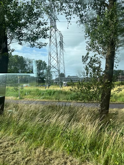 An exterior medium shot captures a view through a window of an urban landscape dominated by tall electrical pylons and trees. In the foreground, tall, dry grasses are swaying, and a road is visible. In the midground, a grassy field is interspersed with smaller trees and shrubs. A white van with orange markings is parked beside the road, and several other vehicles are also present. A street lamp stands near the van. In the background, buildings, including what appears to be a multi-story structure and some houses, are visible. The sky is overcast with patches of blue. The scene is illuminated by daylight. The image is taken from inside a vehicle, with reflections visible on the window. The location is identified as Leeuwarden, Netherlands.