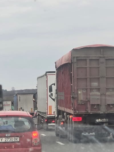 The scene depicts a stationary or slow-moving traffic queue on a multi-lane road in Plodovitovo, Bulgaria, under an overcast sky. In the immediate foreground, the rear of a red Kia Picanto hatchback is visible, displaying Bulgarian license plate Y 2730 BK with illuminated brake lights. Directly ahead and to the right of the Kia, a large, dark red dump truck with a red canvas cover and Bulgarian license plate C 7349 EK is present. Its brake lights are active, and exhaust fumes are visible emanating from the area of its rear tires. To the left of the dump truck and behind the Kia, a white semi-trailer truck is observed. A succession of various commercial vehicles extends into the distant background, forming a continuous line on the road. The distant environment includes faint treelines or hills beneath a uniform grey sky. No individuals are discernible.