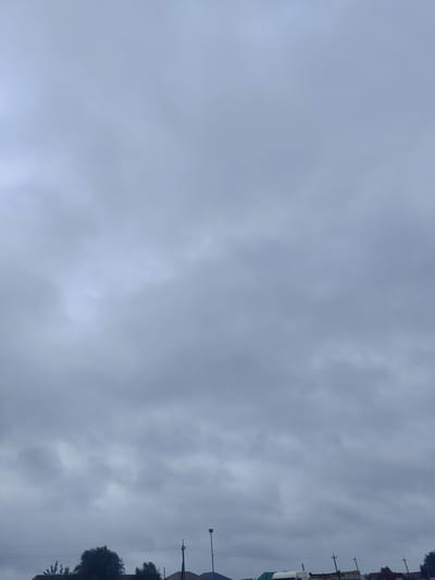 The image captures a cloudy sky above a low-rise urban or rural landscape. The sky is filled with dense, grey clouds, suggesting overcast conditions, possibly leading to or following rain. In the lower portion of the frame, the tops of buildings and trees are visible, along with utility poles and some vehicles, including what appear to be trucks. The scene is devoid of any people. The overall impression is a muted, possibly damp, day in Мичурин ауылдық округі, Kazakhstan.