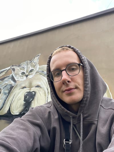 A young adult with short blonde hair and glasses is wearing a gray hooded sweatshirt. They have a nose ring in their left nostril. The person is positioned at an angle, looking down at the camera. Behind them is a mural of a cat and a dog on a neutral-colored wall. The location is Lisy Nos, Russia. A dark strap is visible under the hood of the sweatshirt.