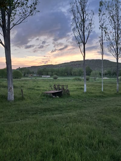 In the city of Artsvakar, Armenia, at dusk, a wide, grassy field stretches towards a hilly horizon. The sky is a canvas of muted blues and grays, with streaks of soft orange and yellow peeking through the clouds near the horizon, indicating the setting sun. Several tall, slender trees with sparse foliage punctuate the field, their trunks partially whitened. In the foreground, a rusted, antique piece of farm equipment rests on the grass. The background is dominated by a gently sloping hill covered in dark green vegetation. A faint line of trees follows the base of the hill, and a road or path is visible in the mid-ground, marked by occasional light poles. Power lines and towers are faintly visible on the distant horizon, against the backdrop of the colorful sky. The overall scene is serene and rural.