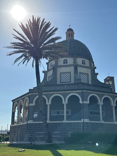 The image shows a large, dark stone church with a prominent dome, set against a clear blue sky. The church has arched windows and a bell tower with a cross. In the foreground, a tall palm tree with a thick trunk and fanned fronds leans in front of the building, partially obscuring it. Sunlight shines brightly from the left, creating a lens flare and casting a shadow from the palm tree onto the grass beside the church. The grass appears neatly manicured, suggesting a maintained public space or garden. The architecture of the church, with its dome and arched features, evokes a sense of historical or religious significance. The bright sunlight and clear sky indicate it is daytime, likely mid-morning or afternoon. The presence of a palm tree suggests a warm climate, consistent with the location context of Israel's Emek HaYarden Regional Council. There is no visible text in the image. The scene is peaceful and serene, with the focus on the architectural grandeur of the church and the natural beauty of the palm tree and sunny weather.