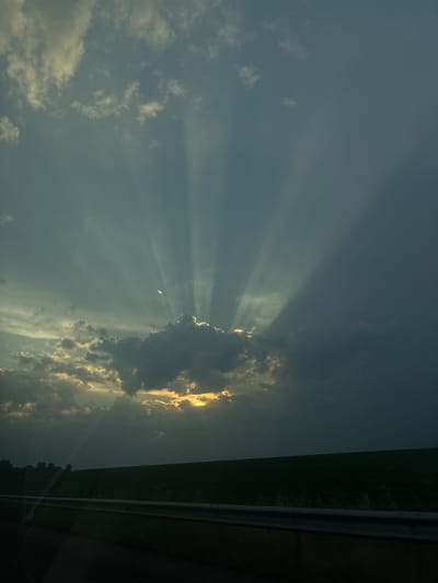 The image captures a rural landscape under a sky exhibiting crepuscular rays, viewed from a moving vehicle in Cherna Gora, Bulgaria. The upper two-thirds of the frame are dominated by a cloudy sky. A large, dark mass of cumulus clouds occupies the lower-middle and right portions of the sky, obscuring the sun. Intense golden light radiates from behind these clouds, forming distinct, divergent crepuscular rays that extend upwards and across the upper sky. The sky transitions from a brighter, illuminated blue-gray near the light source to a darker, deeper blue-gray in the upper regions, particularly on the right. Scattered, lighter gray clouds are also present in the upper-left quadrant.
The horizon line is visible approximately one-third of the way from the bottom, revealing a vast, dark, featureless expanse of land, consistent with an agricultural field, stretching horizontally across the middle-ground. This land appears dark green or almost black, indicative of shadow or dusk conditions. A slight upward gradient of the terrain is discernible from left to right. On the far left, a dense cluster of dark, silhouetted trees borders the field.
In the foreground, a metallic guardrail runs horizontally across the bottom segment of the image, angled slightly upwards towards the right. Minor light reflections and distortions are present along the extreme bottom and left edges, suggesting the photograph was taken through a vehicle window. No human figures, animals, or additional structures are visible within the scene.