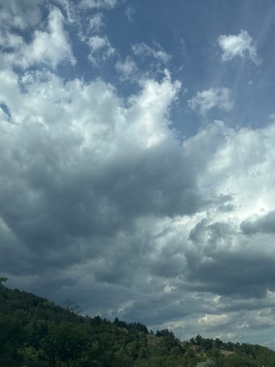This is an outdoor, eye-level, vertical, medium shot of a cloudy sky over a tree-covered hillside. The sky is filled with a mixture of dark gray, ominous storm clouds and lighter, scattered white clouds. Sunlight filters through the clouds in some areas, creating bright patches. The hillside is densely covered with dark green trees. The image appears to be taken in Dolno Varshilo, Bulgaria, based on the contextual information. There are no people or animals visible in the image. The scene depicts a dramatic and potentially stormy weather condition.