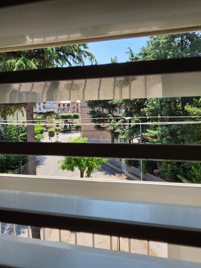 The image provides a view through horizontal blinds onto a street scene in Afragola, Italy. The foreground is dominated by the white and dark horizontal slats of the blinds, creating a layered effect. Beyond the blinds, a residential street is visible, lined with trees and buildings. On the left side of the street, there is a sidewalk and a fence. In the center of the street, there is a road with a traffic sign and a small, sculpted bush. Further down the street, a multi-story building with balconies is visible, surrounded by greenery. The sky above is clear and blue. The lighting suggests it is daytime.