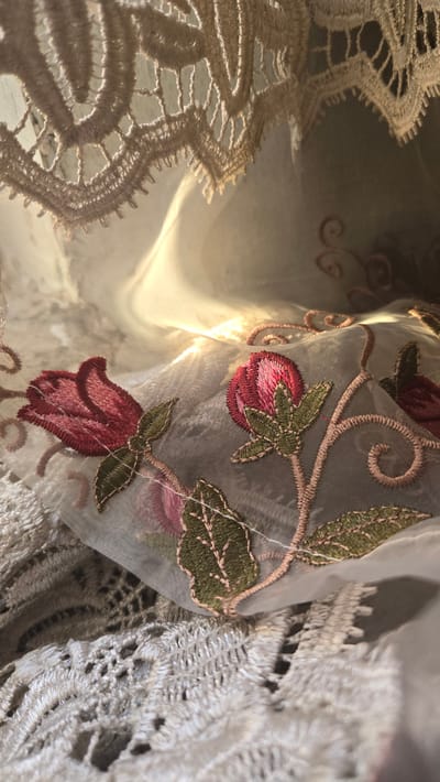 The image displays a close-up view of embroidered fabric, likely a piece of lace or decorative textile. The fabric features intricate floral patterns with roses and swirling vines, rendered in shades of red, pink, and green thread. The lace elements are delicate and appear to be layered or overlapping. Sunlight streams across the fabric, creating highlights and shadows that add depth and texture to the scene. There is no discernible location in the city of Kaka, Turkmenistan, or any people or actions depicted.