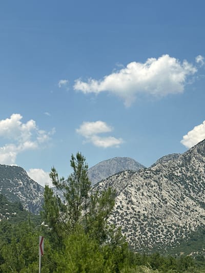 The image depicts a natural landscape with mountains and vegetation under a blue sky with scattered white clouds. In the foreground, there is lush green foliage, including a tall evergreen tree that partially obscures the view of the mountains. To the left, a red and white directional sign is visible amidst the trees. The mountains in the background are rugged and rocky, with patches of greenery on their slopes. The sky is clear and bright, suggesting a sunny day. The scene appears to be in a rural or mountainous area, possibly in or around Döşemealtı, Turkey, given the context. There are no people or animals visible in the image.