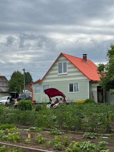 This image depicts a scene in the village of Lyady, Russia, on an overcast day. In the foreground, raised garden beds are filled with various green plants, including what appear to be bean plants and possibly lettuce or spinach. Behind the garden, a light green, two-story house with a bright orange, corrugated metal roof is visible. The house has a red brick chimney. To the left of the house, two cars are parked, one white with its trunk open, and a dark SUV. A young girl in a pink shirt is standing near the cars. In front of the house, on a red swing set, two adults are seated. Lush green vegetation, including trees and bushes, surrounds the house and garden. Power lines and a utility pole are present in the background.