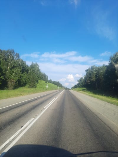 The media file captures a view from a moving vehicle on a paved road through a rural landscape in Баюновские Ключи, Russia. The scene is dominated by a bright blue sky with scattered white clouds, suggesting fair weather during daylight hours, likely late morning or afternoon. The road stretches forward, marked with double white lines, indicating a two-way highway. To the left of the road, a steep, grassy embankment is covered with lush green trees, primarily coniferous and some deciduous trees with white bark. A few white triangular road signs are visible on the embankment. To the right of the road, the view is partially obscured by the vehicle's shadow and a dark silhouette, possibly a rearview mirror or part of the vehicle's structure. The overall impression is a scenic drive through a natural environment on a sunny day. No people or specific events are depicted, only the landscape and the road.
