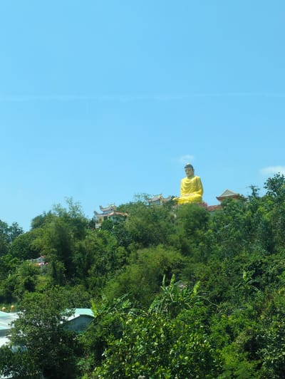 A low-angle shot of a yellow Buddha statue atop a building partially obscured by green foliage, set against a clear blue sky. The building is likely within the city of Dân Phước, Vietnam.