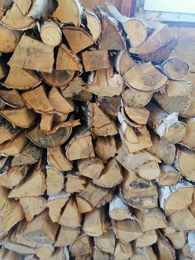 A close-up, vertical shot depicts a large pile of cut firewood, primarily birch logs, stacked against a weathered wooden wall. The logs vary in size and shape, with some showing the distinctive white bark of birch trees, while others have rougher, darker exteriors. The wood is dry and appears weathered. The cuts reveal the grain and texture of the wood, with some pieces exhibiting dark spots and rings. The background shows a sliver of a white window frame and the textured wooden wall. The lighting suggests it is daytime, with soft, diffused light. The overall scene evokes a rustic and utilitarian setting, likely in a rural area of Lobkovo, Russia, prepared for winter fuel. No text is visible in the image.