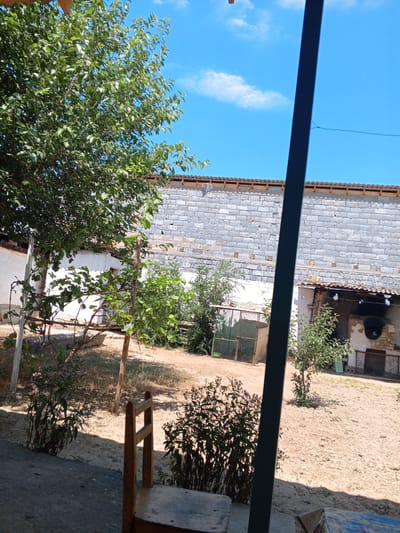 The image depicts a backyard scene under a bright blue sky with scattered white clouds. A large, leafy tree dominates the left side of the frame, its branches extending towards the top. In the background, a long wall constructed from light grey cinder blocks runs horizontally. Below this wall, a low structure with a tiled roof is visible, featuring an opening that appears to be a rustic oven or fireplace. The ground is covered with dry, sandy soil and sparse vegetation. To the right of the tree, a small, bare wooden chair sits on the ground. A dark, vertical pole or beam partially obscures the view in the foreground, running from the top to the bottom of the image. The overall setting suggests a rural or semi-rural environment, possibly a residential backyard, located in Gagarin, Uzbekistan.