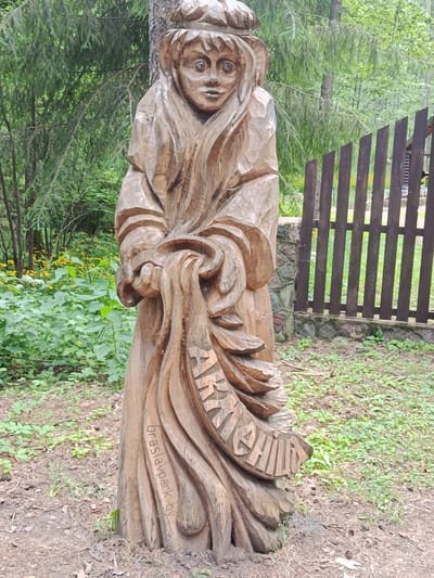 The image shows a wooden sculpture of a person in a wooded area. The sculpture is carved from a tree trunk and depicts a figure wearing a headdress and draped clothing. The figure is holding a piece of fabric or material. The sculpture has a somewhat rustic and folkloric appearance. Behind the sculpture, there is a wooden fence and a background of green foliage and trees. There is also some vegetation and ground cover visible in the foreground. The sculpture is located in Pljuskі, Belarus. The inscription on the sculpture reads "braslavpark.by", suggesting it is located within the Braslav Lakes National Park.