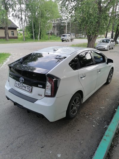 A white Toyota Prius is parked on a gravel shoulder next to a paved road. The car is facing away from the viewer, and its rear is visible. The license plate reads "C453PM 125". In the background, there are trees, houses, and a utility pole. The sky is overcast. The location appears to be a rural or suburban area in Novopokrovka, Russia.