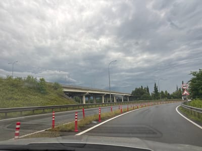 The image depicts a wet asphalt road in Samtredia, Georgia, on a cloudy day. The perspective is from a vehicle moving along a curved section of the road. Red and white traffic bollards are spaced along the right side of the road, delineating the lane. A metal guardrail runs parallel to the road on the left, with a grassy embankment behind it. In the background, a large concrete overpass stretches across the scene, supported by multiple pillars. Several streetlights are visible, spaced along the overpass and the roadside. Traffic signs are posted on the right side of the road, including a speed limit sign indicating 40 and a warning sign for a hump. A white truck is visible on the right lane of the road, as well as some other vehicles further in the distance. The sky is overcast with thick, gray clouds, suggesting potential rain or recent precipitation.