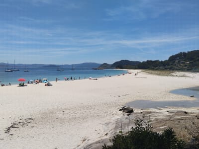 The image depicts a panoramic view of Rodas Beach in the Cíes Islands, part of the city of Vigo, Spain. The beach is characterized by its fine white sand, meeting the clear blue waters of the Atlantic Ocean. Several sailboats and yachts are anchored in the bay, while a few smaller boats are closer to the shore. On the sandy expanse, numerous beachgoers are visible, with some individuals sunbathing, others walking, and a group gathered under colorful umbrellas, including a prominent red one. Small clusters of buildings and lush green vegetation dot the distant hills that form the backdrop of the scene. The sky is a vibrant blue, with wispy white clouds scattered across it. The foreground features a rocky outcrop with some vegetation, suggesting a natural, unspoiled coastal environment.