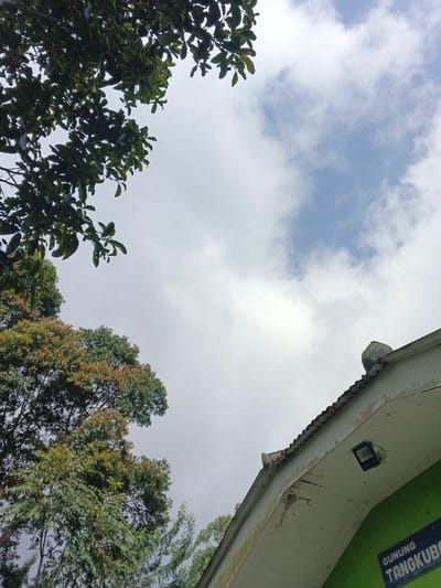 The image presents an upward-looking view encompassing a sky, various trees, and a building structure. The sky occupies the majority of the frame, displaying scattered white and grey clouds with visible patches of clear blue sky. In the upper left quadrant, dense dark green foliage from a large tree extends into the frame. Towards the mid-left and lower-left, additional trees are visible with a mix of green and reddish-brown leaves. In the lower right, the edge of a building is seen, featuring a corrugated metal roof. The underside of the eaves is painted a light color, exhibiting noticeable peeling paint and discoloration. A dark, rectangular outdoor light fixture is mounted on the underside of these eaves. Below the eaves, a section of a bright green wall is visible, on which white text partially reads "GUNUNG TANGKUBO". No people or explicit actions are visible. The depicted scene is located in Nanlao, China.