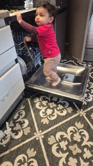 This image depicts a young child, approximately a toddler, standing barefoot within the opened door of a kitchen dishwasher in Melle, Belgium. The child, with dark curly hair, is dressed in a red short-sleeved shirt over a striped long-sleeved undershirt and light brown pants. The child's left hand grasps the upper edge of the open dishwasher door, while the right hand is positioned near the upper rack, holding what appears to be a light-colored stick or utensil. The child is looking towards the left side of the frame. The dishwasher's stainless steel interior is partially visible, containing dishes including a white plate and other utensils, along with a blue plastic item on the racks. A grey detergent dispenser is present on the inside surface of the dishwasher door where the child stands. The background shows dark-colored kitchen cabinets or walls, and a lighter cabinet or door to the left of the dishwasher. A kitchen counter with miscellaneous items is visible in the upper left. The floor is covered by a dark grey or black patterned rug or tile with white and light beige floral and geometric designs.