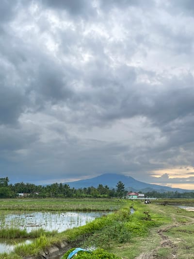 The image depicts a rural landscape in Khang Tanjong, Indonesia, dominated by a vast, overcast sky filled with dramatic, grey clouds. In the middle ground, a serene mountain range rises gently, its peaks softened by the atmospheric conditions. In front of the mountains, a dense line of lush green trees, likely palm trees, forms a verdant backdrop.

Below the tree line, a cluster of buildings is visible, including a house with a red roof and a light green facade, and other structures that appear to be residential or agricultural. A path or dirt road winds through the scene, with several individuals and motorcycles gathered near the buildings. The road is bordered by green grass and some patches of yellow flowers.

In the foreground, a portion of a rice paddy is evident, with shallow water reflecting the cloudy sky and tall green grass growing along its edges. A narrow, muddy ditch runs alongside the paddy. The overall impression is one of a peaceful, rural environment under a brooding sky, typical of the Indonesian countryside.