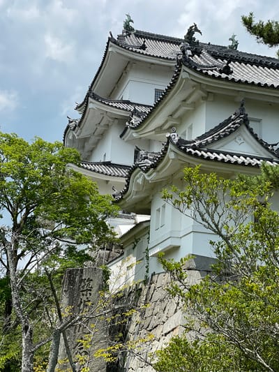The image captures a view of Iga Ueno Castle in Iga, Japan, on a cloudy day. The castle, a multi-tiered structure with traditional Japanese architectural features such as curved tiled roofs and ornate roof ornaments, is primarily white. It is situated on a stone foundation. Lush green trees partially obscure the lower sections of the castle and its stone wall. A large stone monument with inscribed Japanese characters is visible in the foreground, also partially covered by foliage. The sky is overcast with scattered clouds.