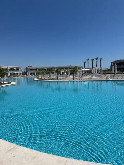 The image captures a large, rectangular swimming pool located in Kalyves Polygyrou, Greece, under a clear, cloudless blue sky. Adjacent to the pool are rows of white lounge chairs and umbrellas, interspersed with palm trees that cast slight shadows. Buildings are visible behind the pool area. The water in the pool displays a rippled texture, indicating possible movement or wind.