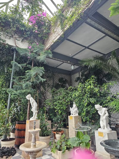 The image depicts an interior space, possibly a botanical garden or greenhouse, located within the Алупкинский городской совет, Ukraine. The architecture features a gabled roof constructed with a framework of metal beams and glass or translucent panels, allowing natural light to filter in. Dense vegetation is prevalent throughout the space. Ivy and flowering plants are climbing along the interior walls. Sculptures, specifically white marble statues, are placed strategically among the greenery. The scene includes fountain-like features constructed of light-colored stone or concrete. The overall ambiance is that of a lush, indoor garden with a classical aesthetic.