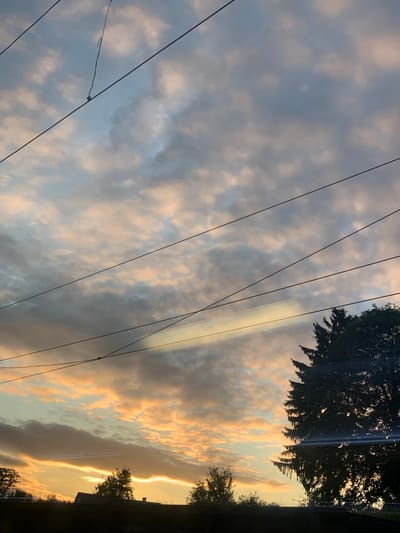 The image captures a dramatic sky at sunset or sunrise, as evidenced by the warm, golden hues illuminating the clouds. The scene is dominated by the sky, with clouds forming various shapes and textures, some tinged with orange and pink, while others remain a muted gray and blue. Several dark, thin power lines crisscross the frame diagonally, suggesting an urban or semi-urban setting. Silhouetted against the bright sky on the right side of the image are the tops of trees, their branches detailed and dark. A building or structure is also partially visible in the silhouette, with a suggestion of a roofline. The overall mood is one of natural beauty and a sense of calm, perhaps tinged with a bit of melancholy due to the muted colors and the starkness of the power lines. The time of day is clearly either dawn or dusk, and the weather appears to be fair, with scattered clouds. There is no visible text in the image. The location is Maksymivka, Ukraine.