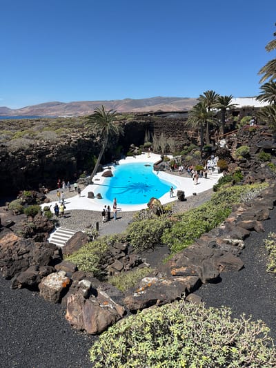 The image depicts an aerial view of the Jameos del Agua in Haría, Lanzarote, Spain. It features a unique swimming pool built into a lava cave. The pool has bright blue water and white walls. Palm trees grow around the pool and cast shadows in the water. People are standing and walking around the pool area. The surrounding landscape is characterized by black volcanic rock, sparse vegetation, and a coastline with mountains visible in the distance. The sky is clear and blue.
