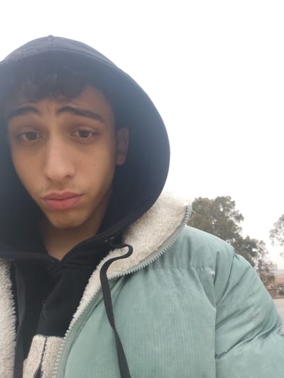 A young male individual, appearing to be in his late teens or early twenties, is depicted in a close-up, self-portrait style photograph. He has dark, wavy hair partially visible under a pulled-up black hooded sweatshirt. His eyes are brown, and faint stubble is present on his chin and upper lip. He wears a black hooded sweatshirt layered under an open, light teal or mint green puffer jacket that features a cream-colored sherpa fleece lining along the collar and frontal zipper. A black drawstring is visible from an inner garment. The individual looks directly forward with a neutral to slightly pouting expression. The background consists of an overcast or bright white sky dominating the upper right portion, with dark-foliaged trees and indistinct distant ground visible below the sky. The scene takes place outdoors in Mankat al-Hatab, Syria.