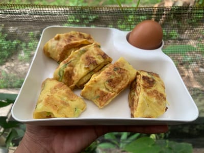 A close-up shot shows a white rectangular plate filled with rolled omelets containing green onions. The plate is held by a hand, with a single brown egg in a molded indentation on the right side of the plate. The background consists of blurred green foliage, suggesting an outdoor setting, possibly in the city of Karangkemiri, Indonesia. A black mesh net is visible in the upper portion of the image, potentially a garden fence or screen. The lighting appears natural, casting subtle shadows.