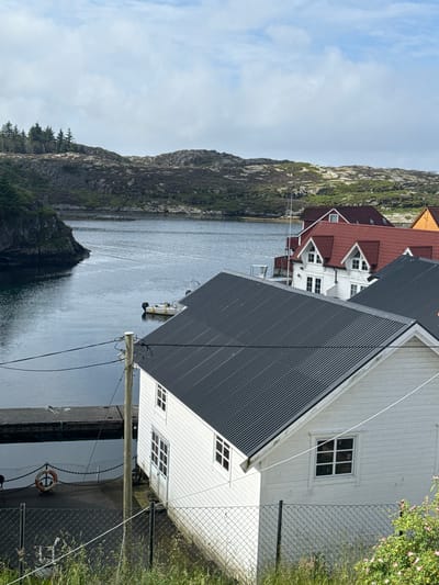 This image depicts a waterfront scene in Tjeldstø, Norway, characterized by a calm body of water, rocky, vegetated hills in the background, and several buildings along the shore. In the foreground, a white house with a dark, corrugated metal roof is prominently featured. The house has multiple windows with white frames, some of which are divided into panes. To the left of this house, a concrete pier extends into the water. A life preserver ring with an orange rim is attached to a chain on the pier. A wooden pole with electrical wires stretches across the scene, passing in front of the white house. Further back, a cluster of white buildings with red roofs are visible. One of these buildings has a distinctive gabled roof. A small white boat with an outboard motor is moored in the water near the pier. The sky is overcast with patches of blue visible. The surrounding landscape consists of rugged, rocky terrain covered with sparse vegetation, including trees on a distant hill. The image is taken from an elevated perspective, looking down towards the water and buildings.
