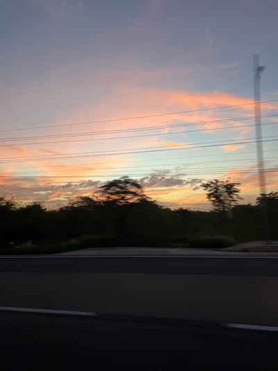 The scene is situated in Pomuch, Mexico, and depicts a dusk or dawn sky from the perspective of a moving vehicle. The upper sky features light blue and subtle lavender hues, transitioning downwards to a band of soft orange and pink clouds concentrated above the horizon. Several parallel black utility lines extend horizontally across the sky at varying heights. A heavily motion-blurred, vertical light pole is visible on the far right, extending into the upper sky. The horizon is marked by a continuous, dark, and blurred stretch of dense foliage, likely trees and shrubs, silhouetted against the brighter sky. The lower portion of the image shows a dark, featureless asphalt road with a faint, thin white line visible along its left edge. No human subjects are discernible within the frame.