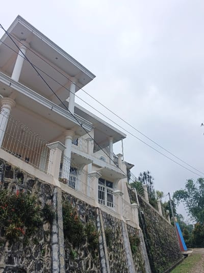 The scene depicts a multi-story residence situated on elevated, sloped terrain in Makilala, Philippines, under an overcast sky. The house presents a light-colored facade, likely beige or cream, accented with white architectural elements including classical-style columns, ornate balustrades on balconies, and decorative window surrounds. At least two distinct levels are visible, each featuring outdoor balcony or porch areas supported by columns. The upper level includes a broad, flat roof overhang. The lower level of the house features a set of white-framed double doors and multiple windows, some fitted with vertical grilles.
The structure is built above a tiered retaining wall composed of dark, irregular stones mortared together, interspersed with vertical concrete sections. Portions of this wall show signs of moss and lichen growth. Green foliage, including shrubs with small red flowers, emerges from crevices within the retaining wall. A white metal fence with decorative posts runs along the upper edge of the retaining wall, positioned in front of the house's lower levels.
Several black electrical utility lines stretch horizontally across the upper portion of the frame, passing in front of the house and against the uniform gray sky. To the right of the residence, the landscape ascends further, densely covered with trees and various green shrubs. A narrow dirt path is visible at the bottom right, running adjacent to the retaining wall. In the distant background on the right, a structure with distinct blue and red vertical sections is partially visible through the trees. No human subjects or active interactions are present in the image.