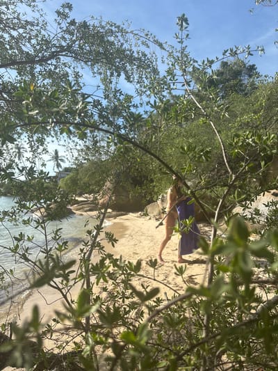 The image depicts a natural beach scene in Baan Nai Wok, Thailand, viewed through dense green foliage acting as a foreground element. The scene is illuminated by bright daylight under a clear blue sky.

In the midground, a sandy beach extends along a calm body of light blue-green water, exhibiting gentle waves at the shoreline. Several large, rounded boulders are scattered on the sand and at the water's edge. A single individual, primarily visible from the waist down and partially obscured by the foliage, walks barefoot on the sand from right to left across the frame. This individual appears to be wearing light-colored swimwear and carries a dark blue or purple towel draped over their right side.

The background consists of a lush, verdant hillside covered with dense trees and shrubs. On the left side of the background, a cluster of palm trees is visible, with a light-colored structure subtly nestled among them. The water in the foreground reflects the bright sky, showing ripples near the shore.