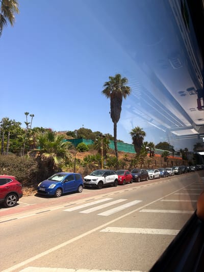 This is a medium-shot, eye-level, outdoor, daytime photograph of a row of parked cars along a street in Vélez-Málaga, Spain. The scene is captured from the perspective of someone inside a vehicle, as indicated by the reflection of the sky and interior of a vehicle on the right side of the frame. The street is paved with asphalt and features a pedestrian crossing marked with white stripes.
In the foreground, a blue Citroën C2 is parked at an angle to the street. To its left, a portion of a red car is visible. To the right of the blue car, a white car is parked. Further down the street, a line of cars is parked along the roadside.
The background includes a grassy slope with various palm trees and other vegetation. Some buildings and structures are visible on the slope, including a building covered with green netting and another with a green roof. The sky is clear and blue. The overall impression is of a sunny day in a Mediterranean climate.