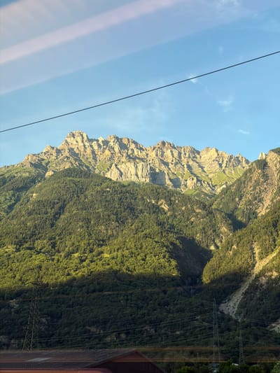 The image depicts a mountainous landscape under a clear blue sky with faint, wispy clouds. In the foreground, a dark, angular structure, possibly a roof or building, is visible at the bottom edge. Above this, tall, industrial metal towers, characteristic of power line infrastructure, rise from the landscape. A thick network of power lines stretches across the mid-ground. Dominating the scene are the lush, green slopes of mountains covered in dense forests of coniferous trees. Sunlight casts strong shadows across these slopes, highlighting the texture and depth of the vegetation. The upper reaches of the mountains reveal rugged, rocky peaks with exposed stone faces, catching the golden light of what appears to be late afternoon or early morning. The overall environment is natural and rugged, with the presence of man-made power infrastructure suggesting it's a scene observed from a developed area or along a transportation route. This scene is consistent with the topography and infrastructure found in regions like La Rasse, Switzerland, which is known for its mountainous terrain and associated power grid.
