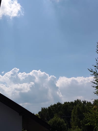 The image depicts a clear blue sky with scattered white cumulus clouds. A line of lush green trees forms the lower part of the scene, with their tops reaching towards the sky. In the bottom left corner, a portion of a white building with a dark brown roof is visible. The scene appears to be an outdoor view from a residential area, possibly in a town or village. There are no people or animals present. The lighting suggests it is daytime. The image quality is good, with sharp details.