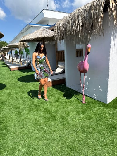 A woman walks on bright green artificial grass in front of a white building with thatched roofs in Baliovtsi, Bulgaria. She wears a short, silver, sequined dress and silver high-heeled sandals. To her right stands a pink flamingo statue. In the background, lounge chairs are visible under more thatched roofs, and trees can be seen in the distance under a clear blue sky with scattered clouds.