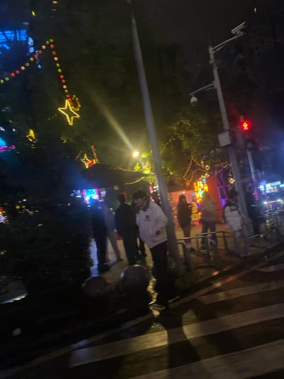 The image depicts a nighttime street scene in 天宫殿街道, China, characterized by vibrant artificial lighting and pedestrian activity. In the mid-ground, a male individual is prominently positioned, leaning against a grey vertical pole. He wears a white hooded jacket with dark sleeves, dark pants, and dark sneakers, with dark hair, and is looking slightly towards the left.
Numerous other individuals are visible throughout the scene, mostly indistinct due to low light and motion blur, appearing to be walking or standing on a paved surface. The ground in the foreground shows zebra-striped pedestrian crossing markings and appears wet, reflecting ambient lights. Several spherical dark bollards are visible on the ground near the prominent pole.
Overhead and strung between dark trees, decorative lighting includes multiple strands of multi-colored spherical bulbs and illuminated yellow five-pointed stars. Further in the background, more colorful illuminated structures and lanterns suggest a festive display or commercial establishment.
Street infrastructure includes at least two prominent vertical poles; the one in the foreground is thicker and light grey. A second, thinner pole in the mid-ground supports a red pedestrian traffic signal and a white dome-shaped CCTV camera. Metal barriers or bicycle racks are situated along the edge of the pedestrian area. A bright light source, likely a streetlight, generates a significant lens flare in the upper-mid-left of the image. The overall environment is illuminated by various artificial lights against a dark night sky.
