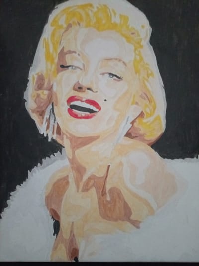This is a painting of Marilyn Monroe, a famous American actress and model, depicted in a close-up portrait. She is shown with her signature blonde hair styled in soft waves and is wearing a white fur stole. Her head is tilted slightly, and she has a playful expression with her mouth open in a smile, revealing her teeth and red lipstick. A beauty mark is visible on her cheek. The background is dark, creating a strong contrast with her light-toned skin and blonde hair, making her the focal point of the artwork. The painting style appears to be a form of digital art or painting with distinct brushstrokes or color blocks, giving it a somewhat stylized or abstract quality. The overall mood is glamorous and iconic, capturing the essence of Marilyn Monroe's public persona. There is no visible text in the image. The provided location context of Bologoe, Russia, does not appear to be directly relevant to the subject matter of the painting.