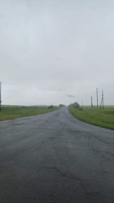 The image depicts a wet, paved road stretching into the distance through a rural landscape under an overcast sky. The road surface appears slightly reflective, suggesting recent rainfall. On either side of the road are grassy fields dotted with a few small trees and bushes. Several utility poles with power lines are visible along the road, particularly on the right side, and one on the left. The horizon is hazy, with a low-lying cloud or mist visible in the far distance. The overall atmosphere is somber and quiet, indicative of a cloudy or rainy day in a sparsely populated area. The scene is consistent with a location in Nizhnee Kechevo, Russia, given its rural setting and characteristic landscape. There are no people or vehicles visible in the image.
