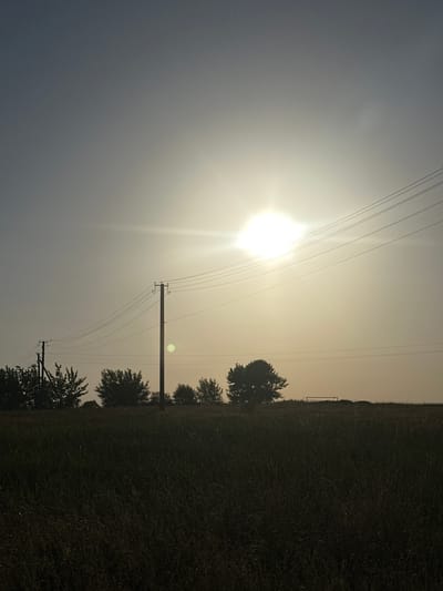 The image depicts a rural landscape at dusk or dawn, likely in or around Yablunivka, Ukraine. The sun is low in the sky, casting a hazy, bright glow that obscures details. Silhouetted against the light are several utility poles with power lines stretching across the frame. A dense field of tall grass occupies the foreground, appearing dark and slightly out of focus. In the middle ground, a line of trees and foliage is visible, also in silhouette. A primitive-looking metal structure, possibly a fence or gate, is faintly discernible on the horizon. The sky is a gradient of pale blue and hazy white, indicating atmospheric conditions rather than clear visibility. No people are present in the scene.