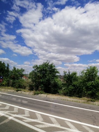 The image depicts a roadside scene with a clear blue sky filled with fluffy white clouds. A road with white lane markings runs diagonally across the foreground. To the left of the road, there are two traffic signs: a blue circular sign with a white arrow pointing left, and a red inverted triangle. Beyond the road and signs, there is a dense line of green trees and bushes. In the background, partially visible through the trees, are buildings and some infrastructure, suggesting a semi-urban or rural fringe area. The overall impression is a sunny day on a road likely near Cernavoda, Romania, given the context of the image.
