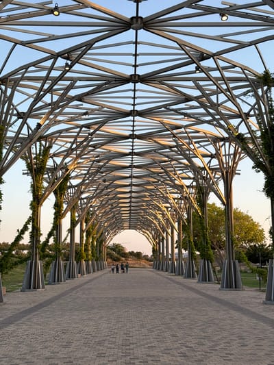 A covered walkway with a repeating pattern of metal frames adorned with green vines. The frames create a tunnel-like structure, receding into the distance with people visible at the far end. The pathway is paved with grey interlocking bricks. The sky peeks through the metal framework, hinting at either sunrise or sunset.